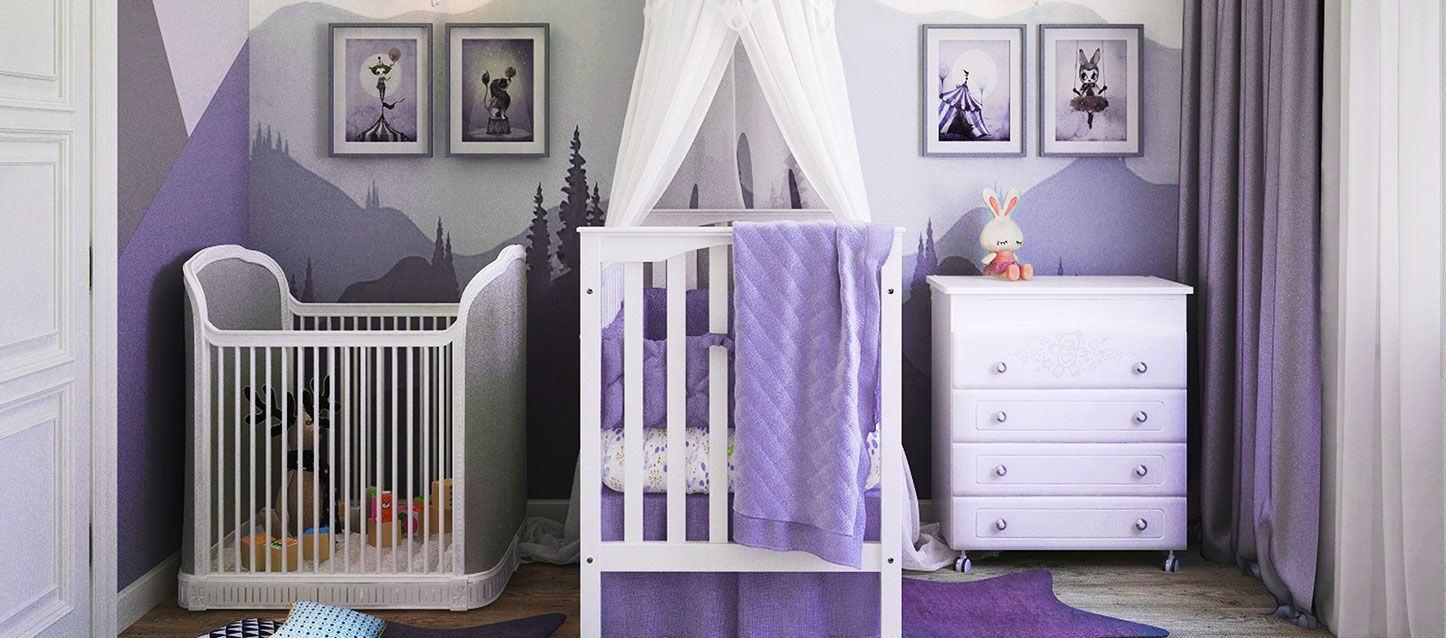 habitacion de bebes de colores blanco y morado, cuna con dosel, mueble con cajones y cuadros decorativos en la pared